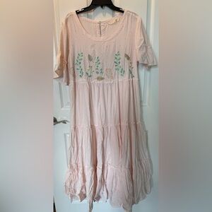 eShakti Wayward Fancies Floral Embroidery Tiered Shift Midi Dress | XL 16 | Pink